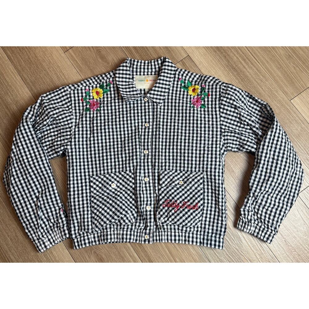 Teddy Fresh Womens Black White Gingham Floral Embroidered Button Up Jacket S